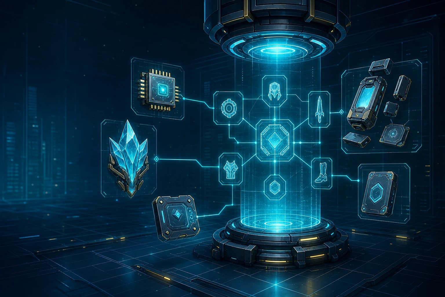 A digital loadout display with character equipment and upgrade components
